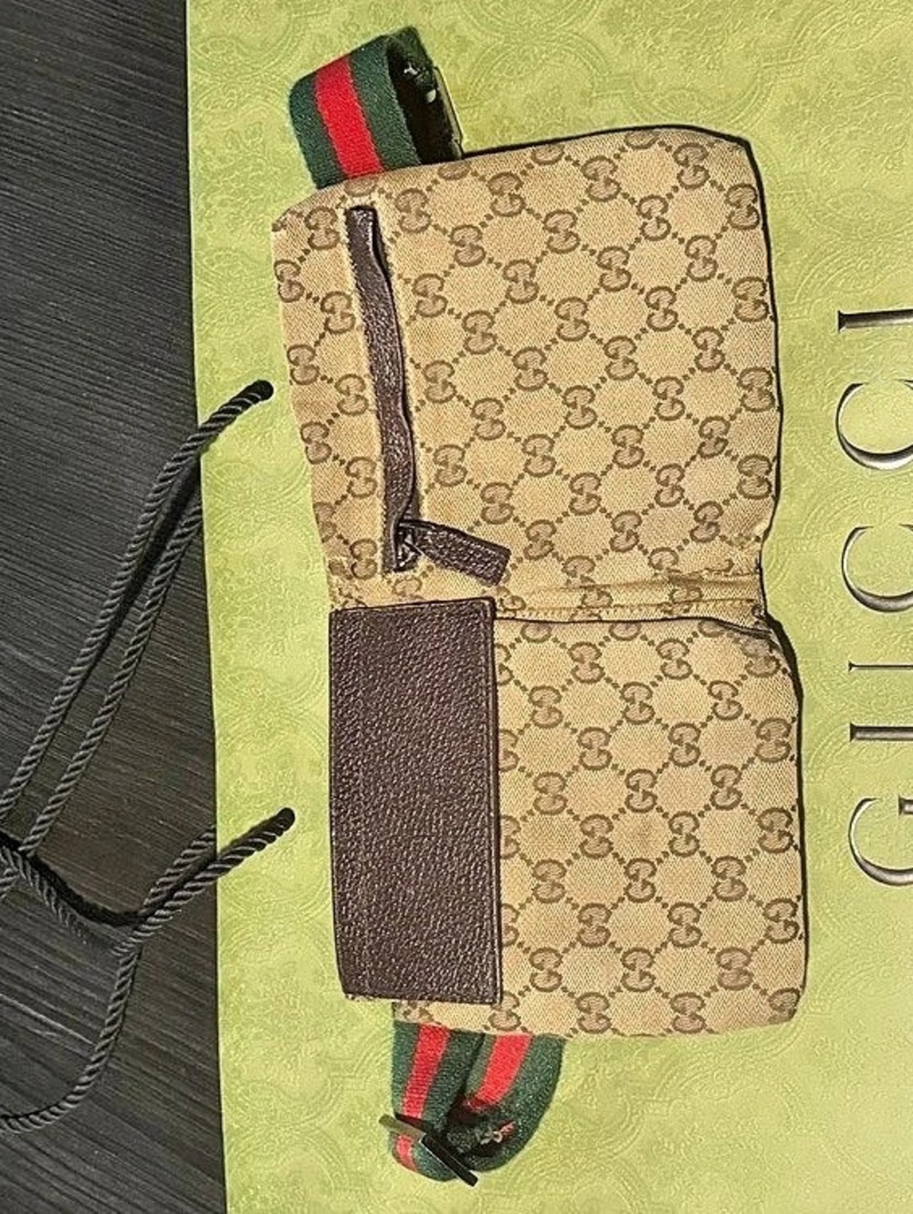 Gucci GG Canvas Double Pocket Waist Belt Bag Brown & Green